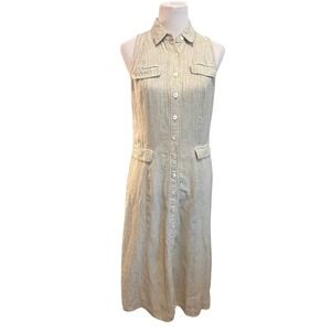 Worth Brand Sleeveless Striped‎ Button Front Midi Shirt Dress Tan Collar Size 8